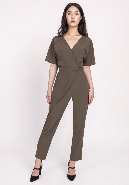 Women's overalls with decorative pleats at the front, KB114 khaki