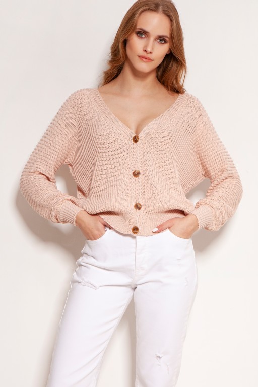 Bawełniany sweter w prążki, na guziki, SWE142 różowy