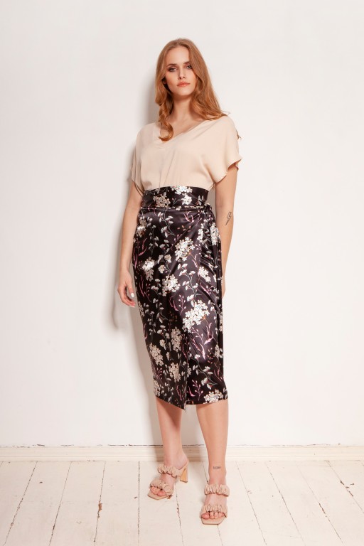 Pencil skirt tied with a sash, SP129 flowers