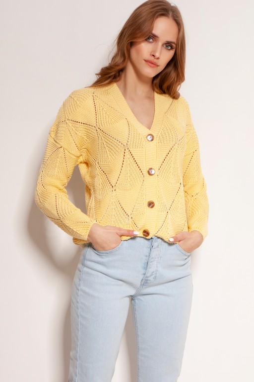 Ażurowy sweter na guziki, SWE143 żółty