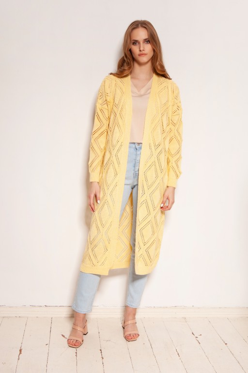 Długi ażurowy kardigan - płaszcz, SWE145 żółty