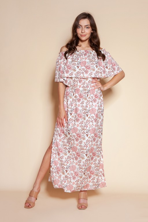 Długa sukienka hiszpanka z rozcięciem, SUK200 różowy wzór