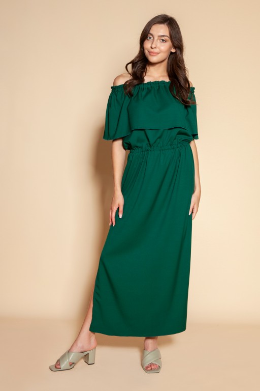 Długa sukienka hiszpanka z rozcięciem, SUK200 zielony