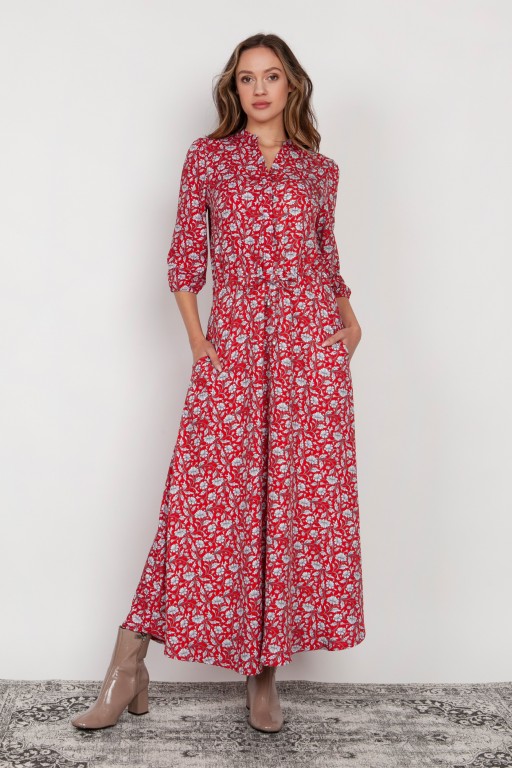 Long dress with 3/4 sleeves and a drawstring, SUK205 red pattern
