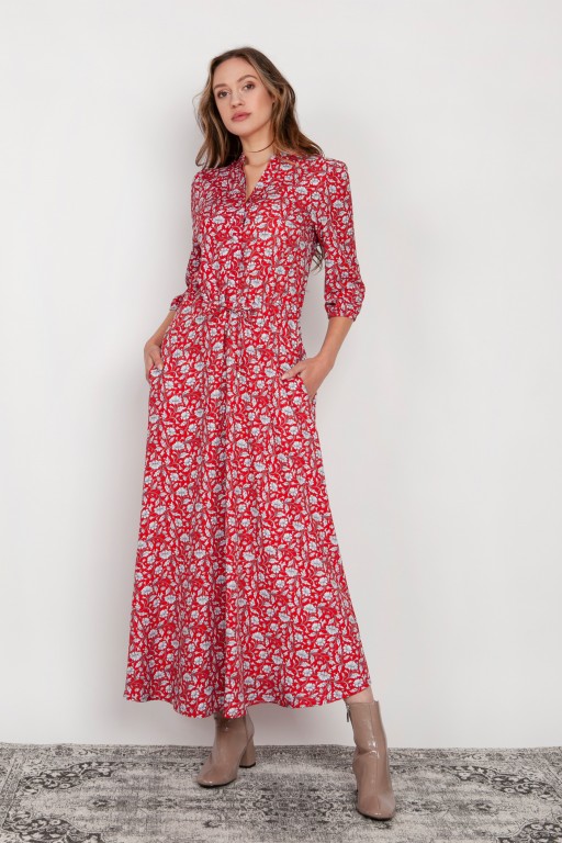 Długa sukienka z rękawem 3/4 i troczkiem, SUK205 czerwony wzór