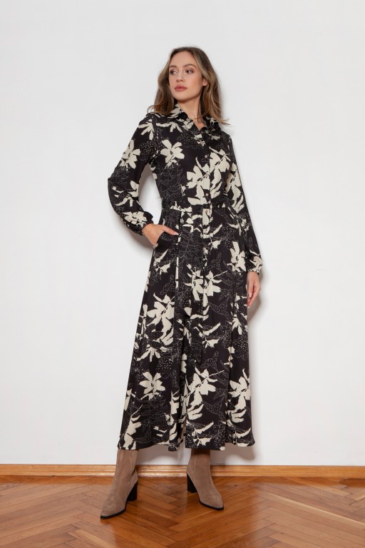 Buttoned maxi dress with a collar, SUK204 leaves pattern