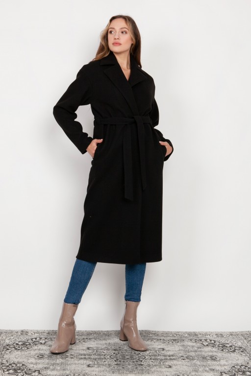 Long fleece coat with a belt, PA103 black