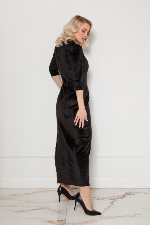 Długa, welurowa sukienka z rozcięciem, SUK211 czarna