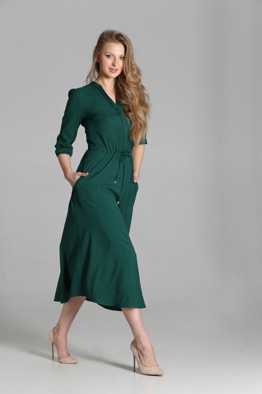 Długa sukienka z rękawem 3/4 i troczkiem, SUK205 zielony