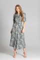 Długa sukienka z rękawem 3/4 i troczkiem, SUK205 zielone liście