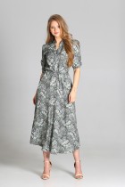 Long dress with 3/4 sleeves and a drawstring, SUK205 green leaves